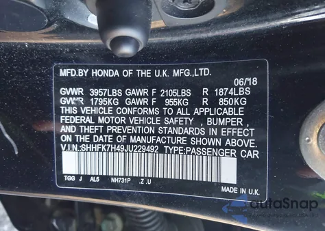 2018 Honda Civic Sport from USA, damaged, VIN SHHFK7H49JU229492